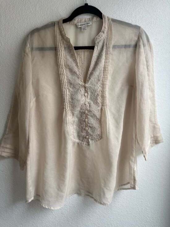 Coldwater Creek Tops - Coldwater Creek Sheer Lace-Front Cream Blouse SZ M